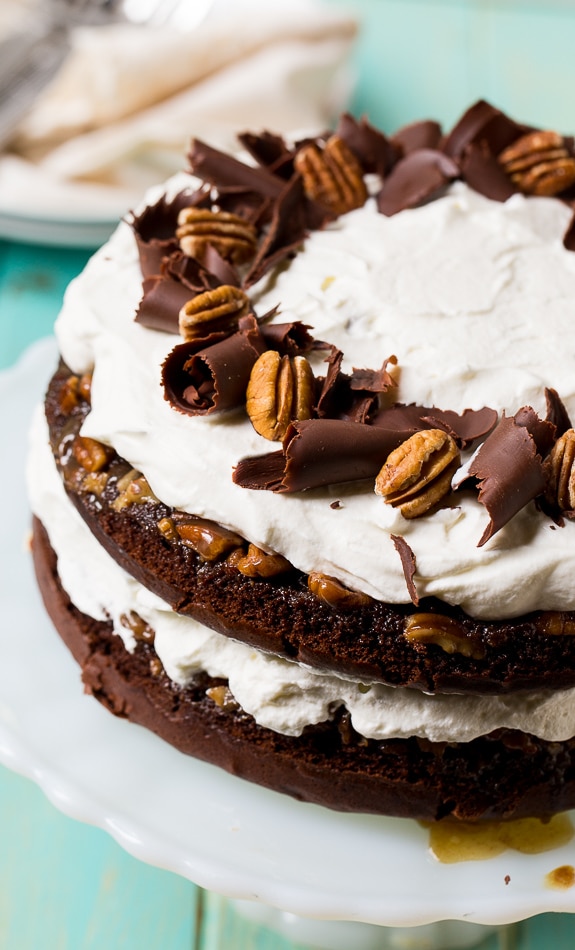 Chocolate Praline Layer Cake- super easy to make from a cake mix!