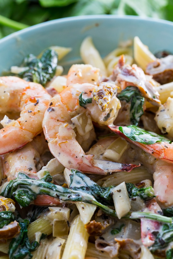 Creamy Tuscan Shrimp over pasta