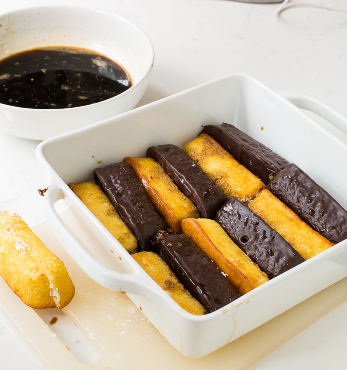 Twinkie Tiramisu made with plain twinkies and chocolate covered twinkies