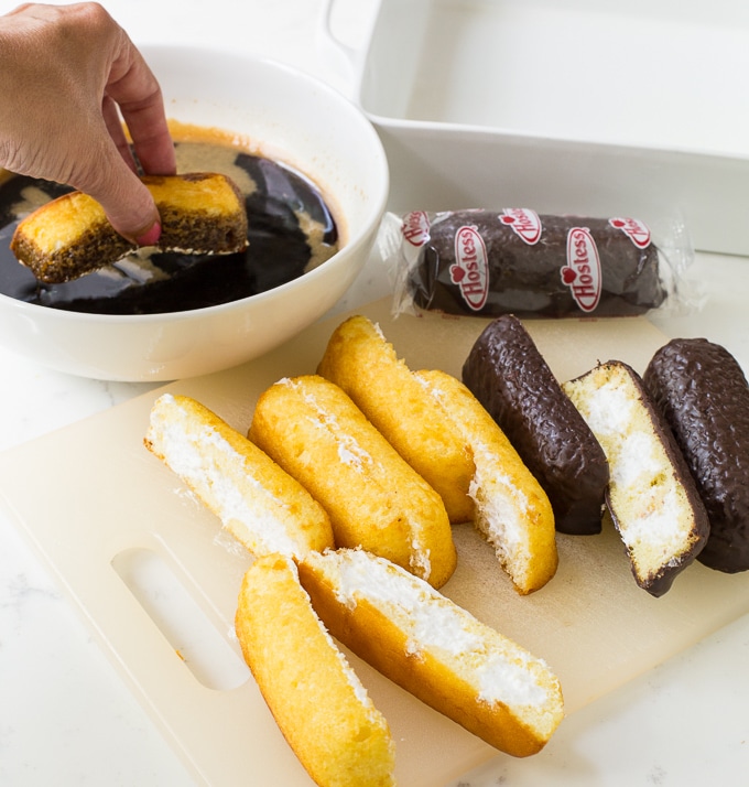 Twinkie Tiramisu made with plain twinkies and chocolate covered twinkies