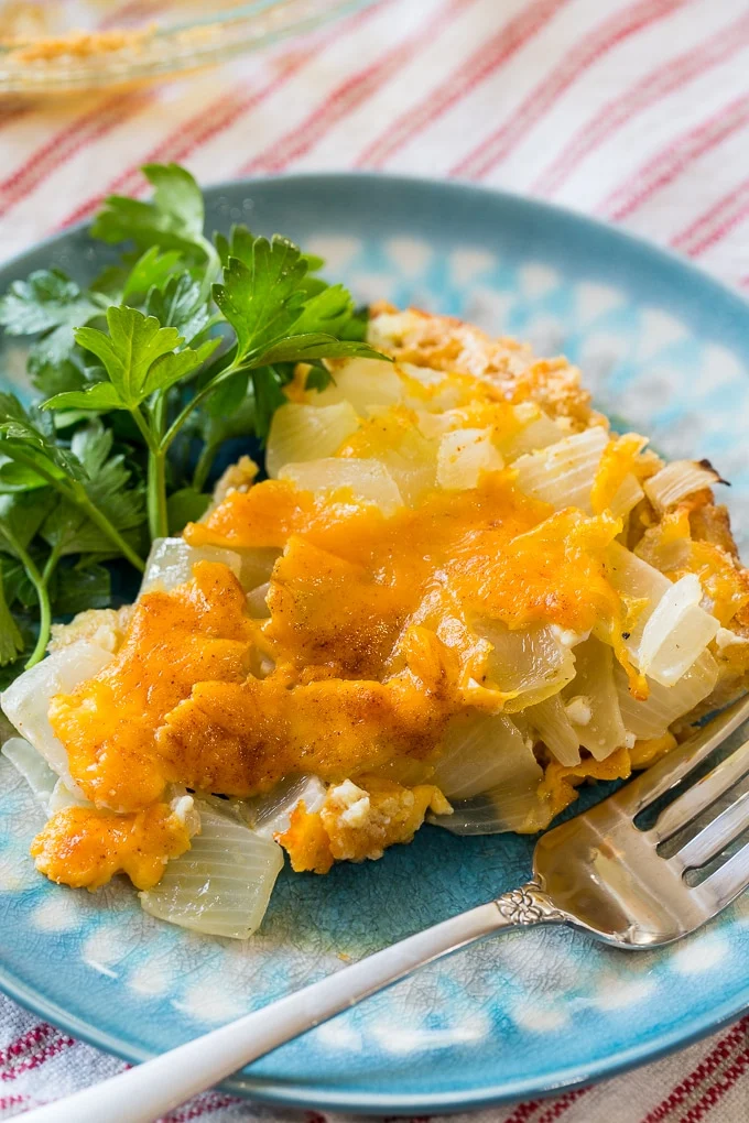 Vidalia Onion Pie with Ritz Cracker Crust and cheddar cheese