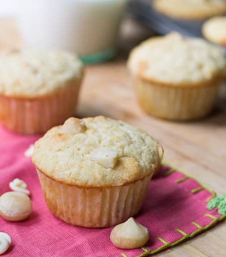 Macadamia Muffins on pink napkin.