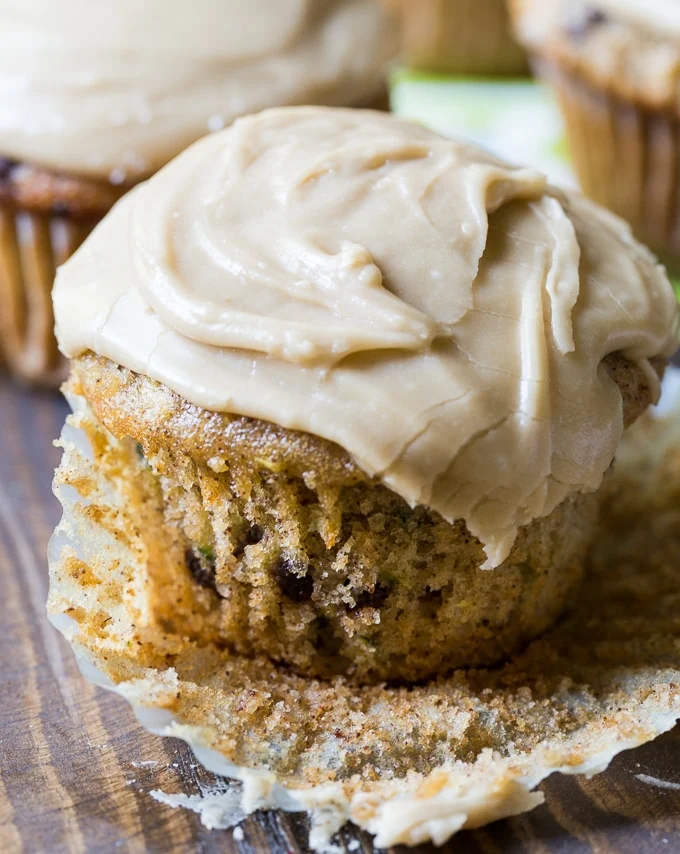 Zucchini Cupcakes with Caramel Frosting and chocolate chips